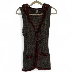 BKE Gray Red Trim Faux Fur Sleeveless Sweater